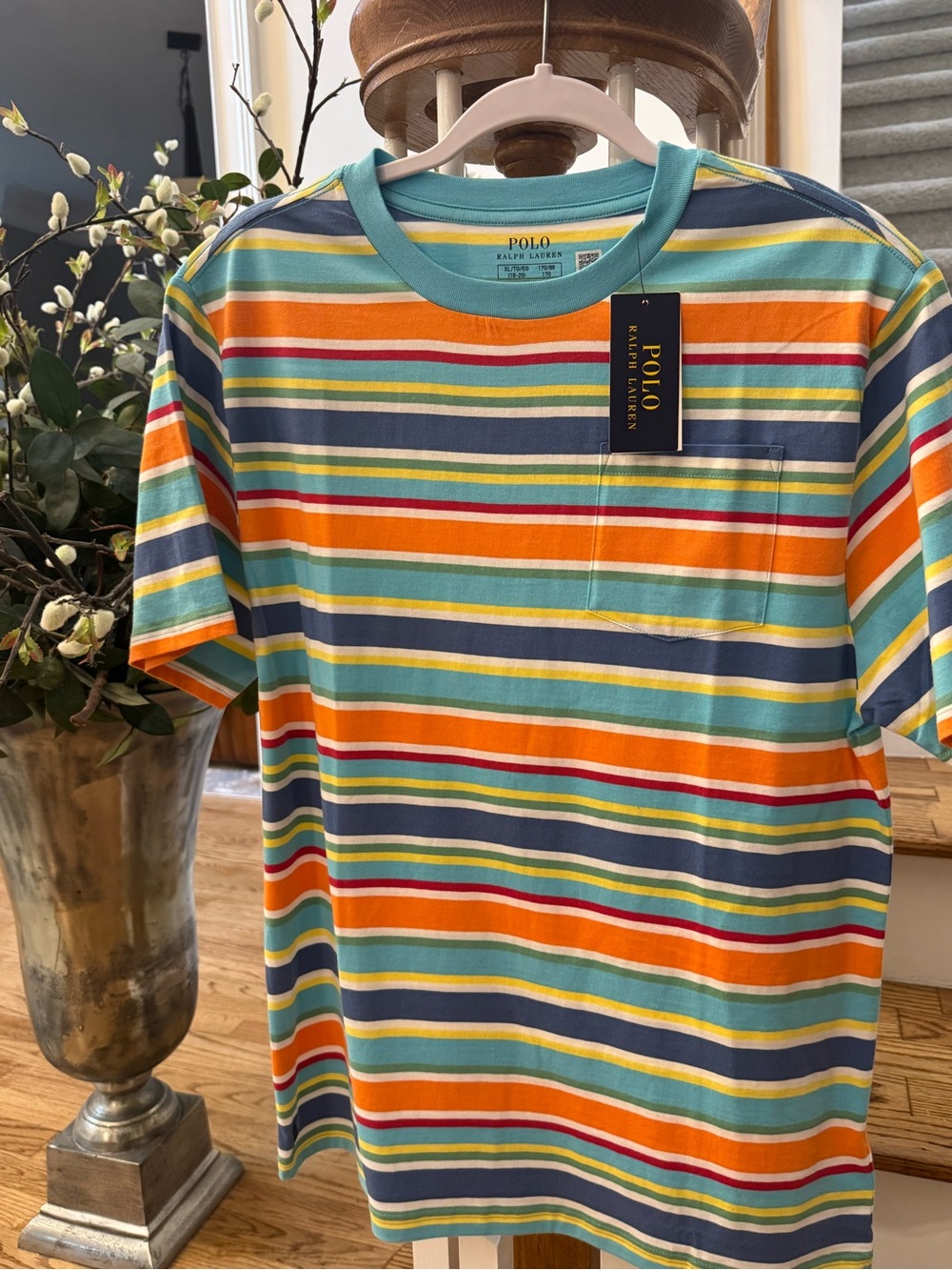 Polo by Ralph Lauren Boys’ XL Multicolor Stripe Pocket Tee — Teal, Orange, Navy